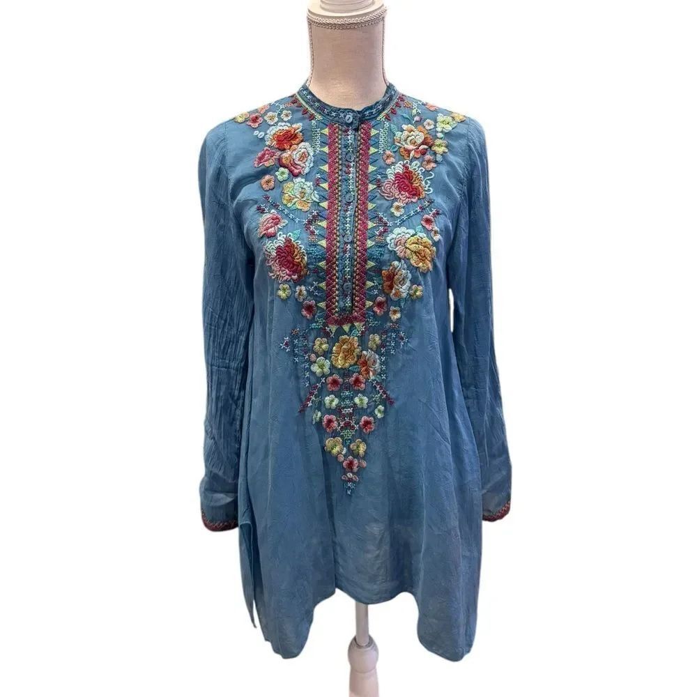 Johnny Was Blue Embroidered Floral Tunic XS